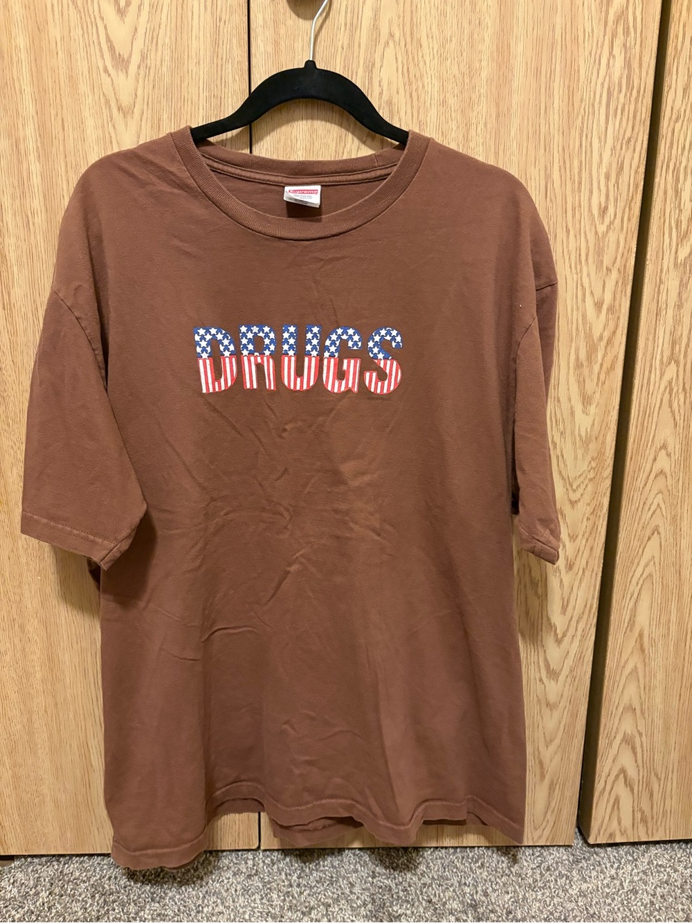 Supreme Brown Short Sleeve Tee with American Flag 'DRUGS' Print